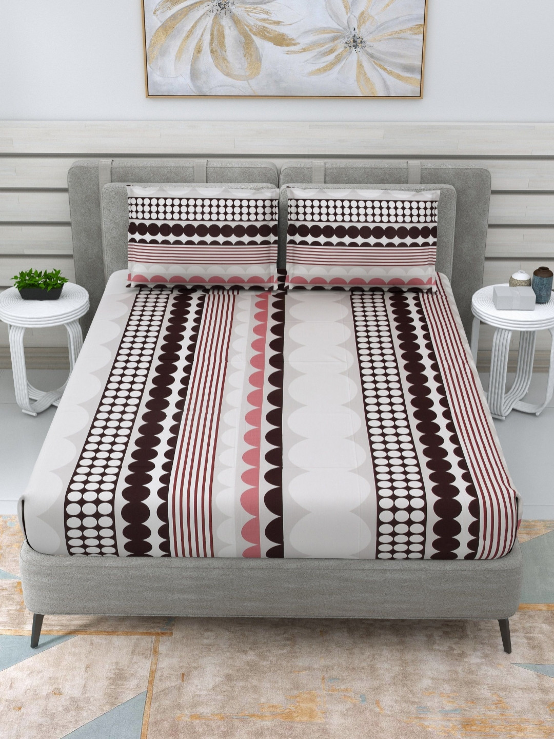 

THE LINEN COMPANY Pink & White Geometric 300 TC Cotton Single Bedsheet Set 1.52 m x 2.28 m