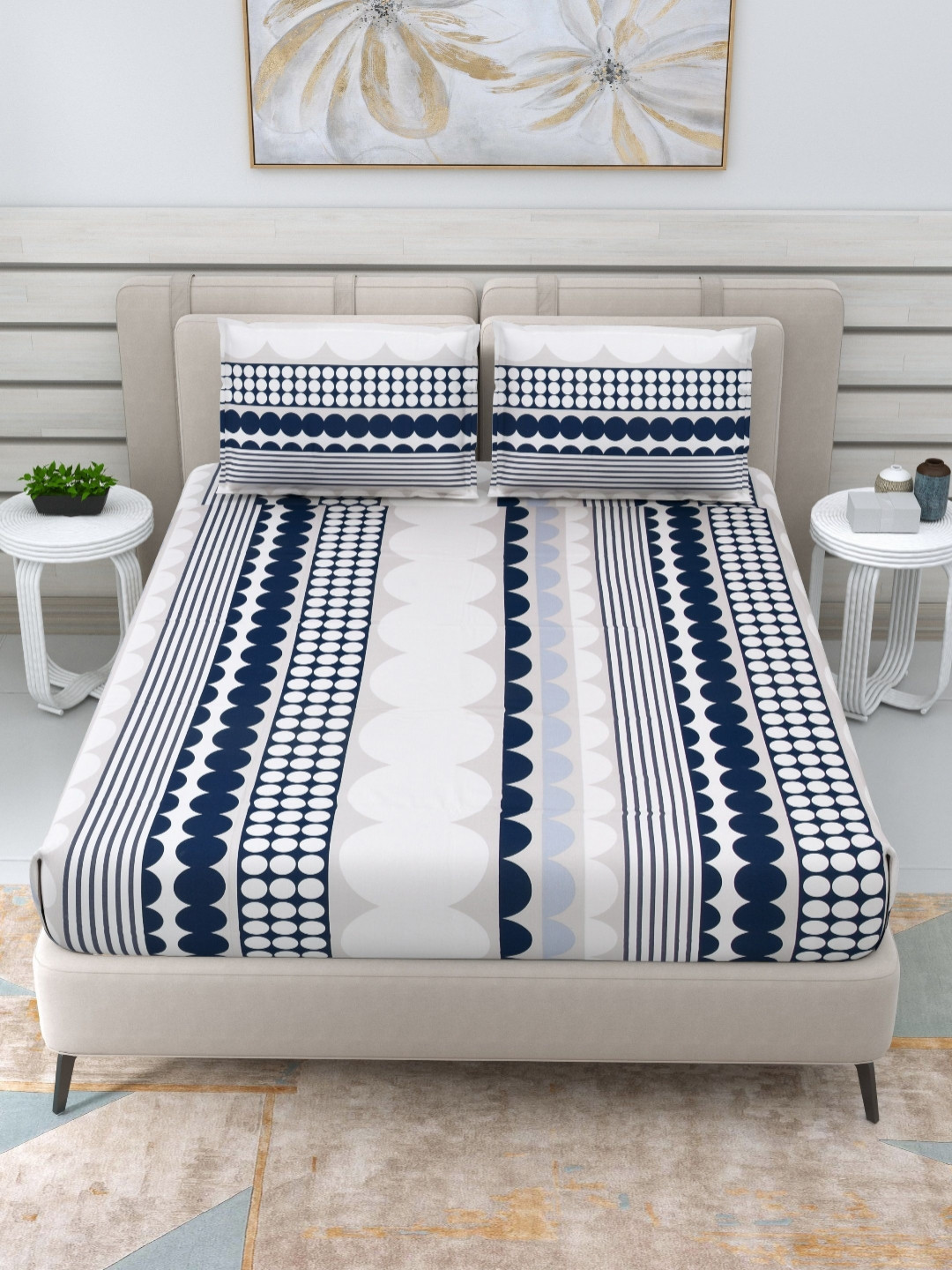 

THE LINEN COMPANY Navy Blue & White Geometric 300 TC Single Bedsheet Set 1.52 m x 2.28 m