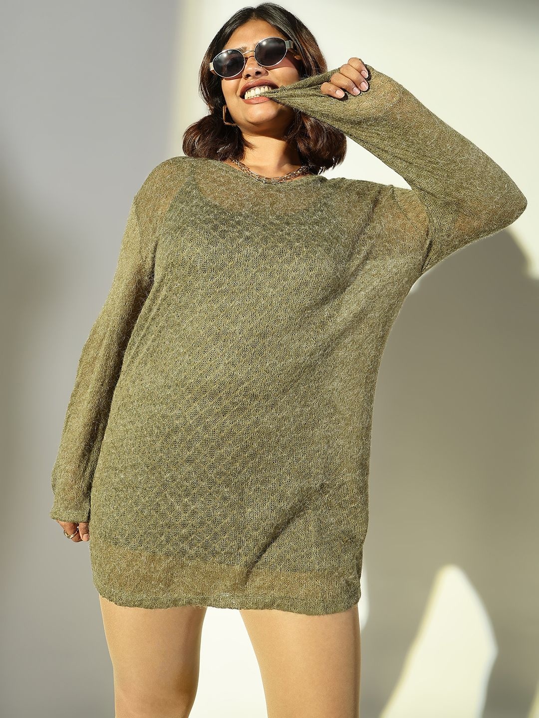 

SHOWOFF Women Plus Size Round Neck Sheath Mini Dress, Olive