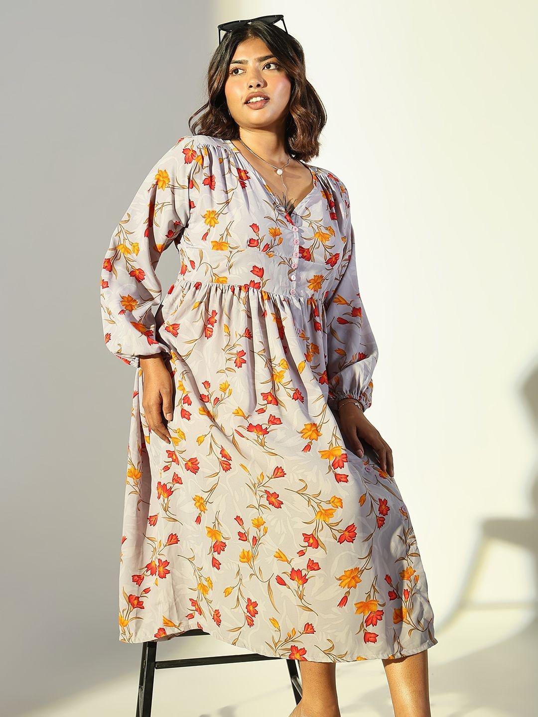

SHOWOFF Plus Size Floral Print Puff Sleeve Fit & Flare Midi Dress, Grey