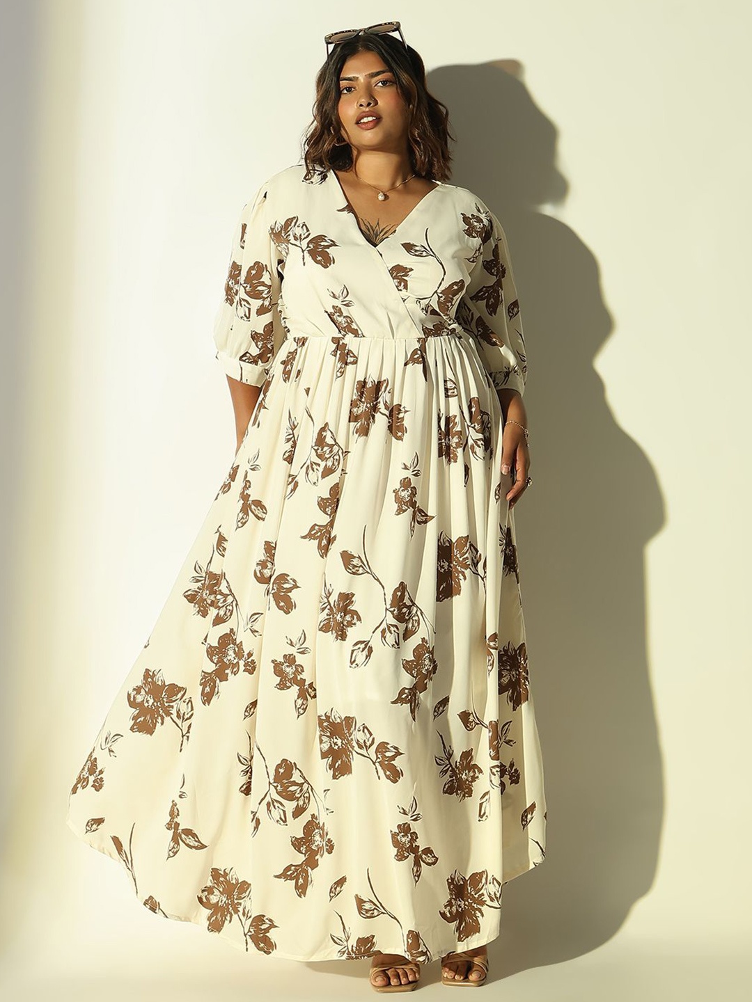 

SHOWOFF Women Floral Printed Cuffed Sleeve Wrap Dress, Cream