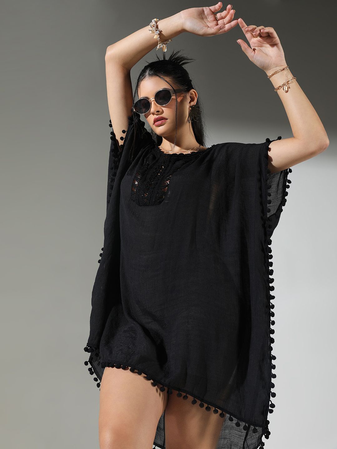 

SHOWOFF Women Cotton With Pom-Pom Detail Kaftan Dress, Black