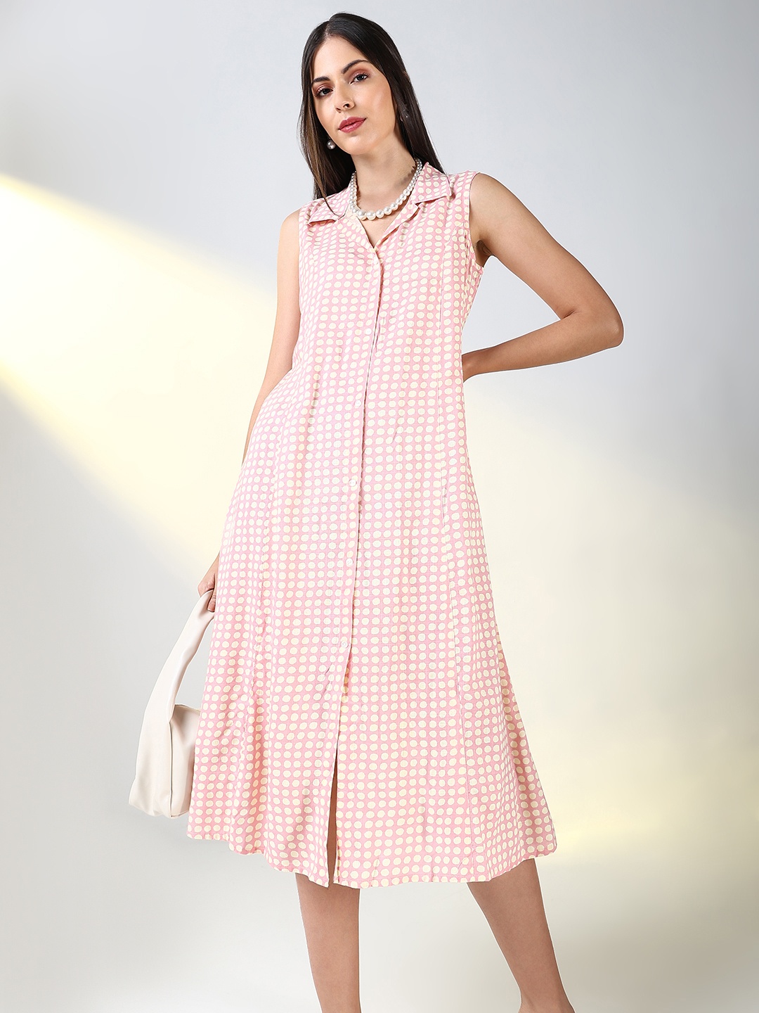 

SHOWOFF Polka Dot Printed A-Line Midi Dress, Pink