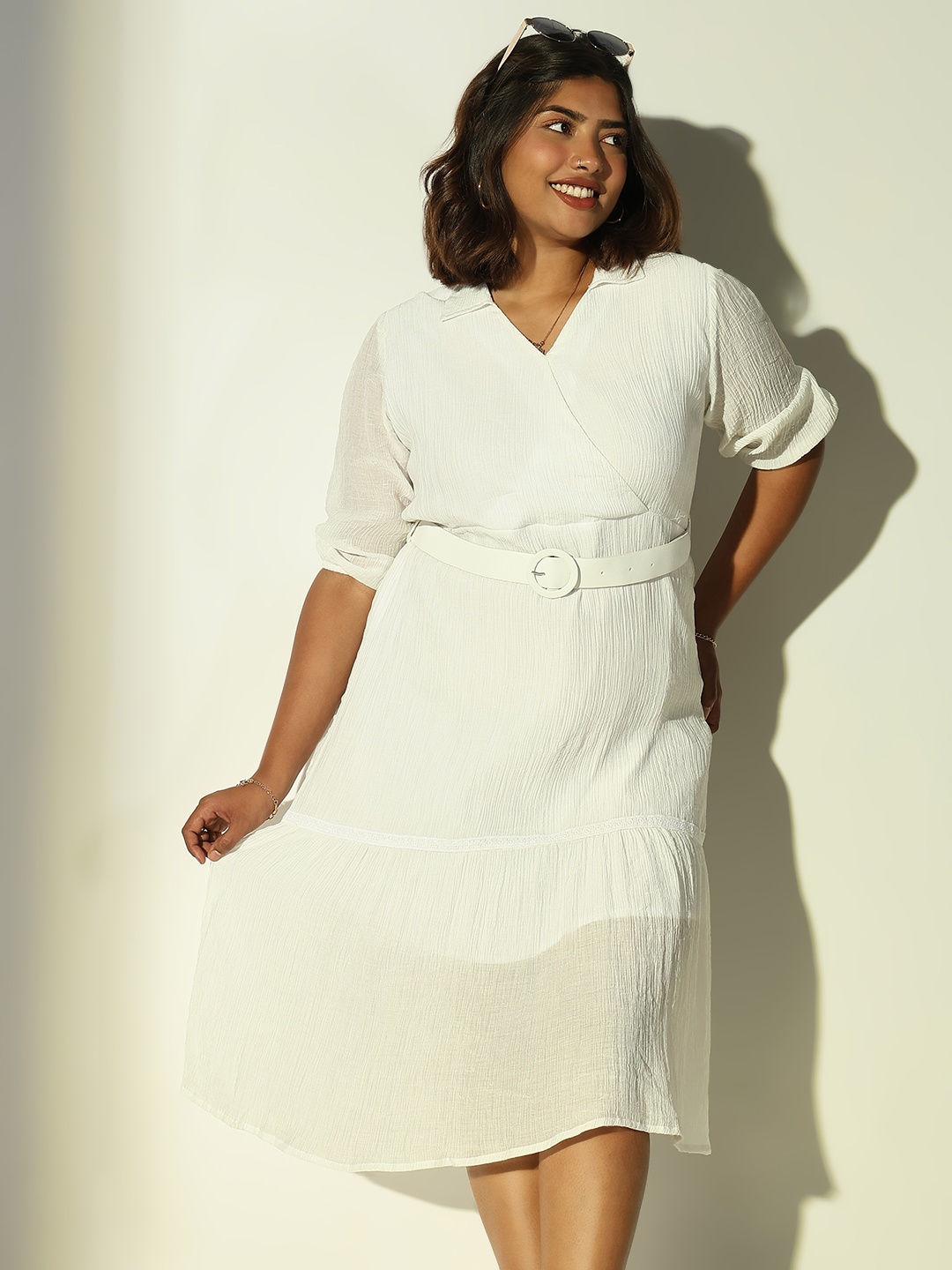 

SHOWOFF Plus Size Shirt Collar Puff Sleeve Crepe Wrap Dress, White