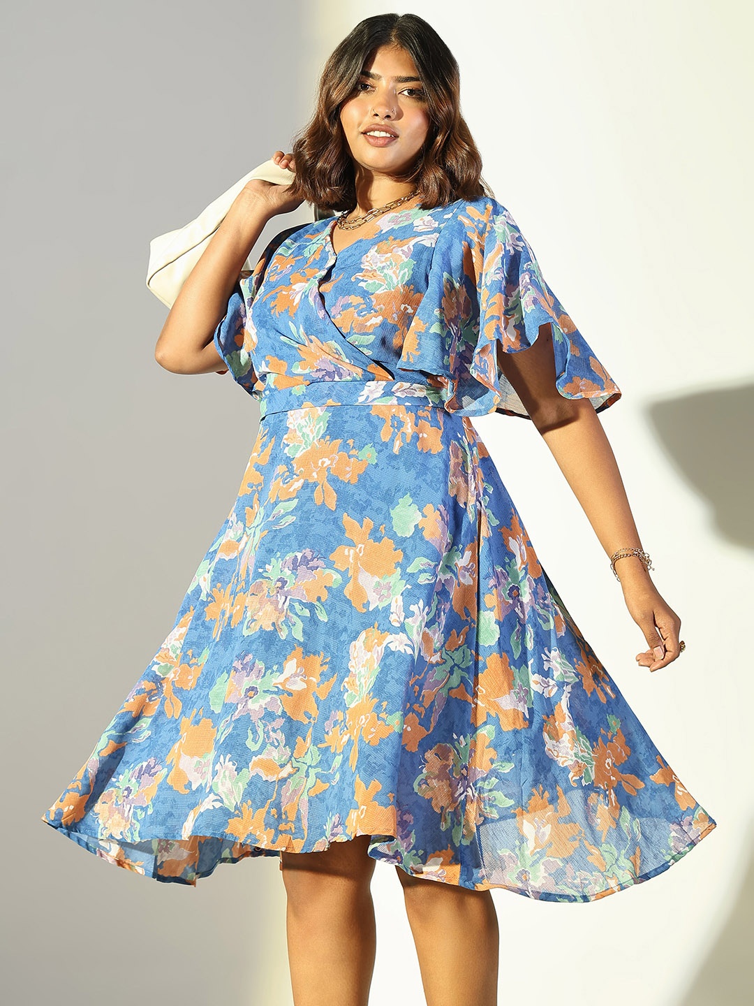 

SHOWOFF Plus Size Floral Printed Georgette Fit & Flare Dress, Blue