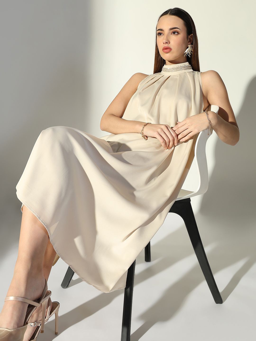 

SHOWOFF High Neck Satin A-Line Midi Dress, Beige