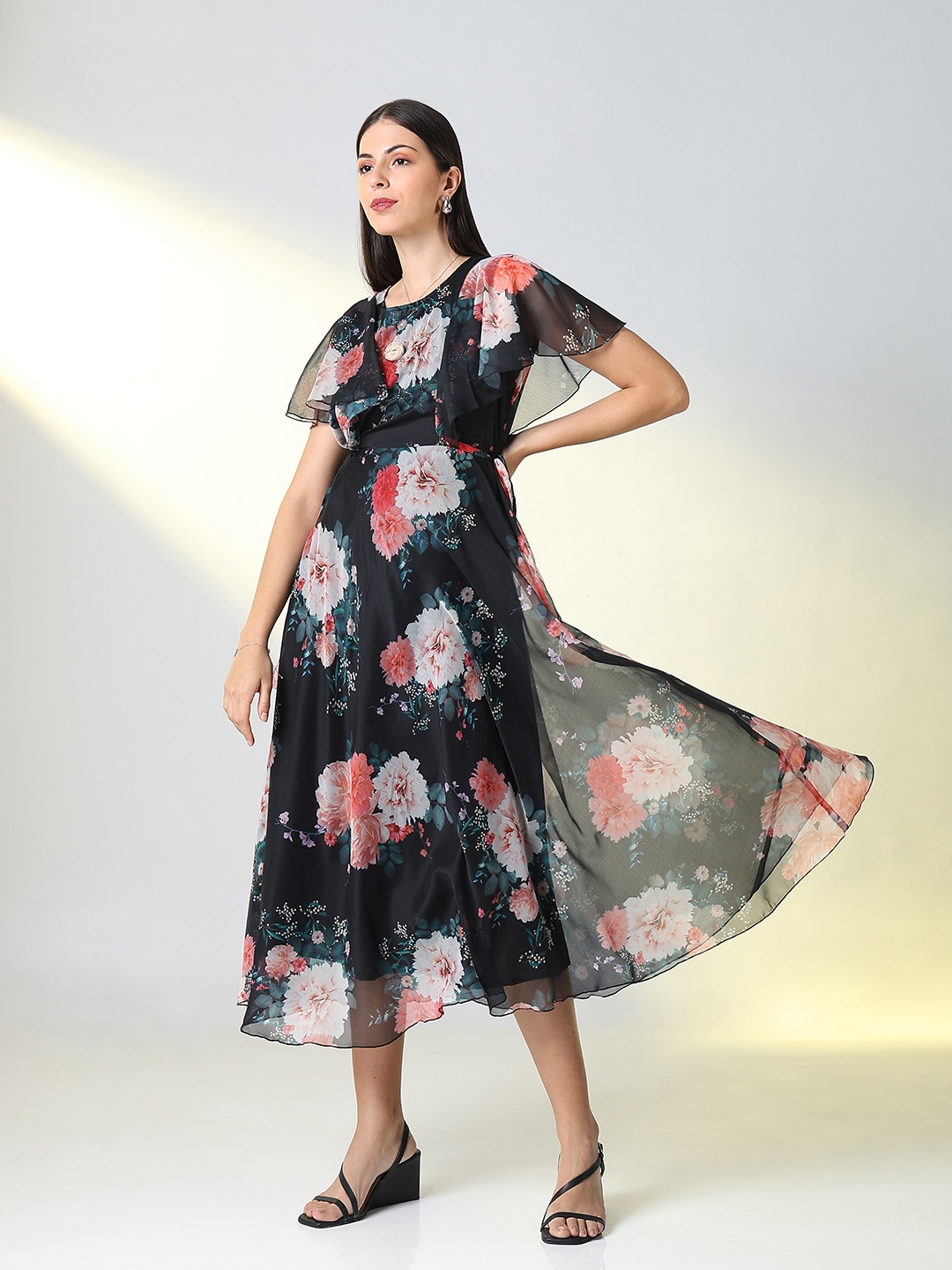 

SHOWOFF Women Floral Printed Fit and Flare Midi Dress, Black