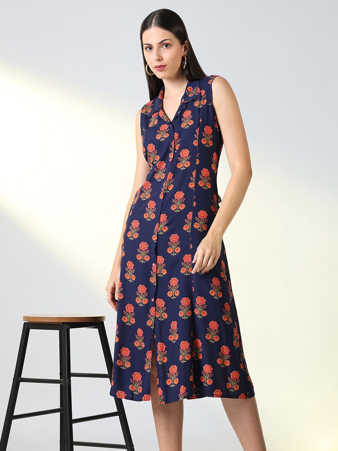 

SHOWOFF Floral Printed A-Line Midi Dress, Navy blue