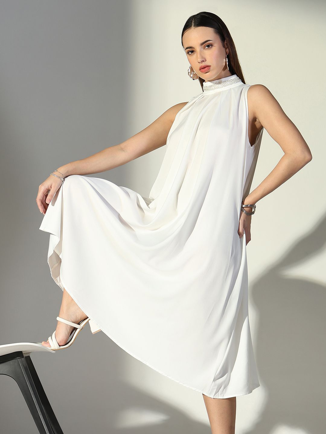 

SHOWOFF Halter Neck Satin A-Line Midi Dress, White