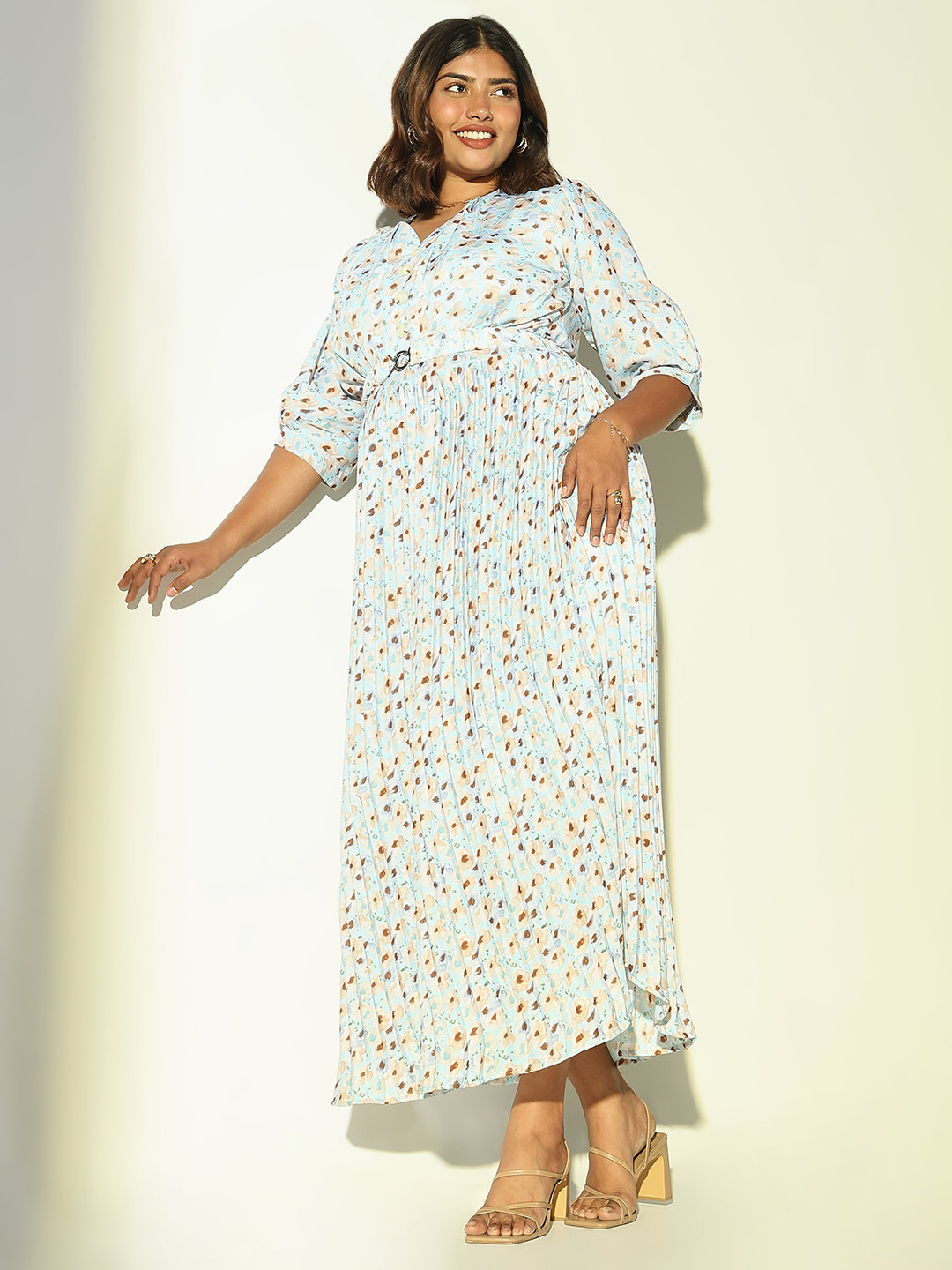 

SHOWOFF Women Plus Size Floral Printed Pleated Puff Sleeve Maxi Dress With Belt, Blue