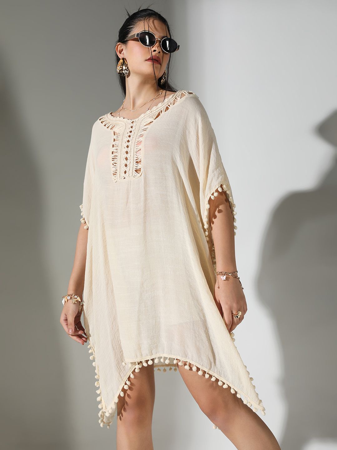 

SHOWOFF Women Cotton Kaftan Extended Sleeves Dress with Crochet & Pom-Pom Detail, Cream