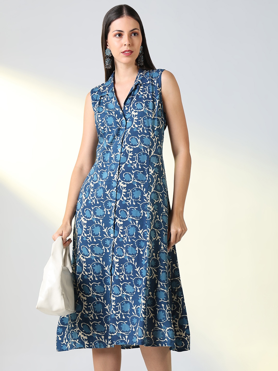 

SHOWOFF Cotton Floral Printed A-Line Midi Dress, Blue