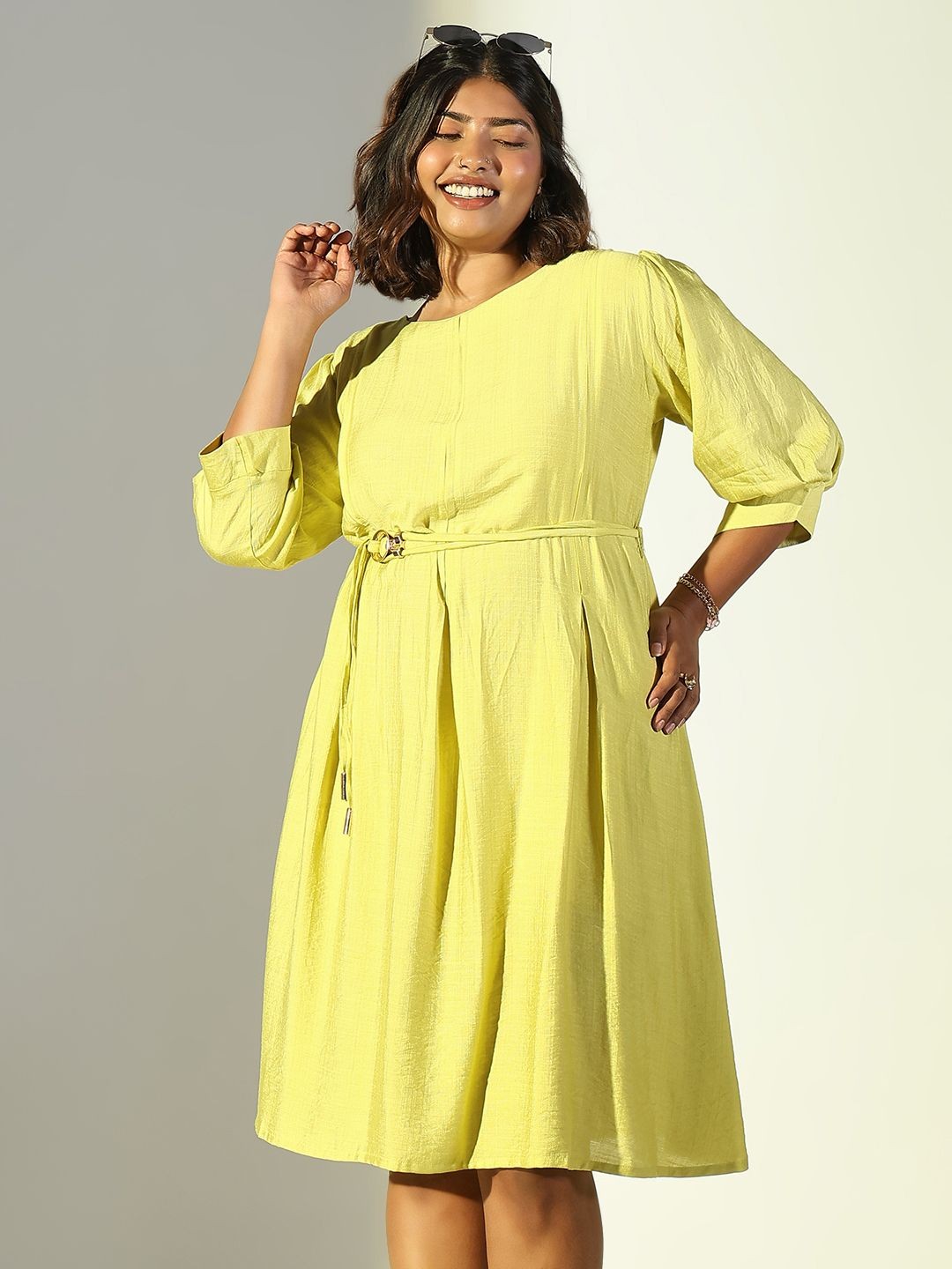 

SHOWOFF Women Cotton Puff Sleeve A-Line Dress, Yellow