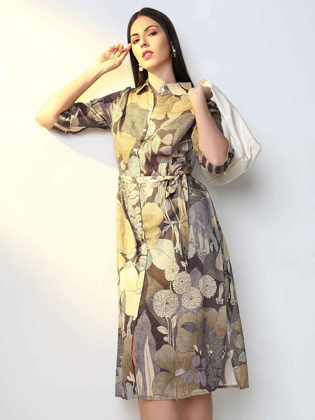 

SHOWOFF Women Cotton Floral Printed A-Line Midi Dress, Grey