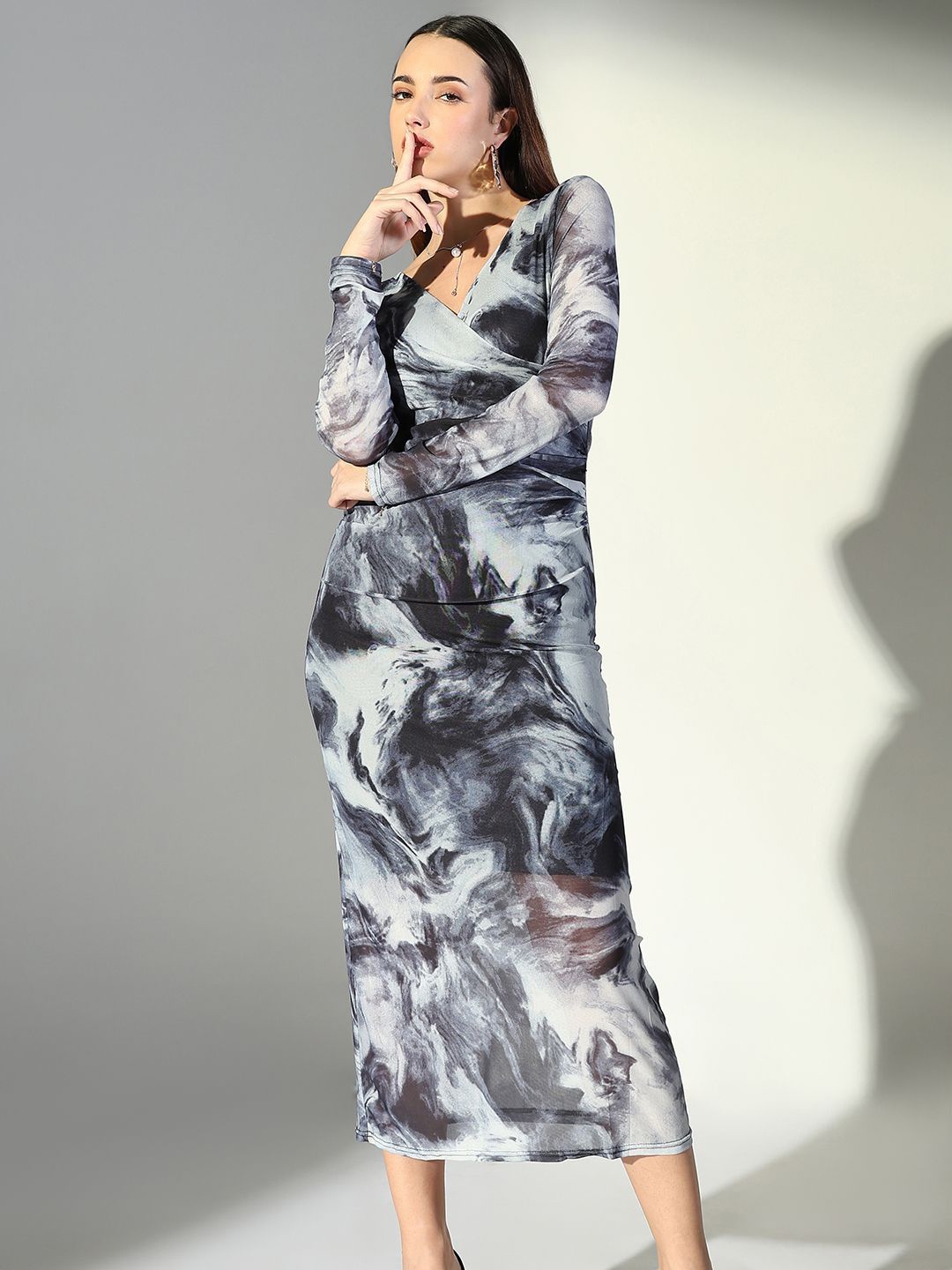 

SHOWOFF Women Dyed Net Wrap Midi Dress, Grey