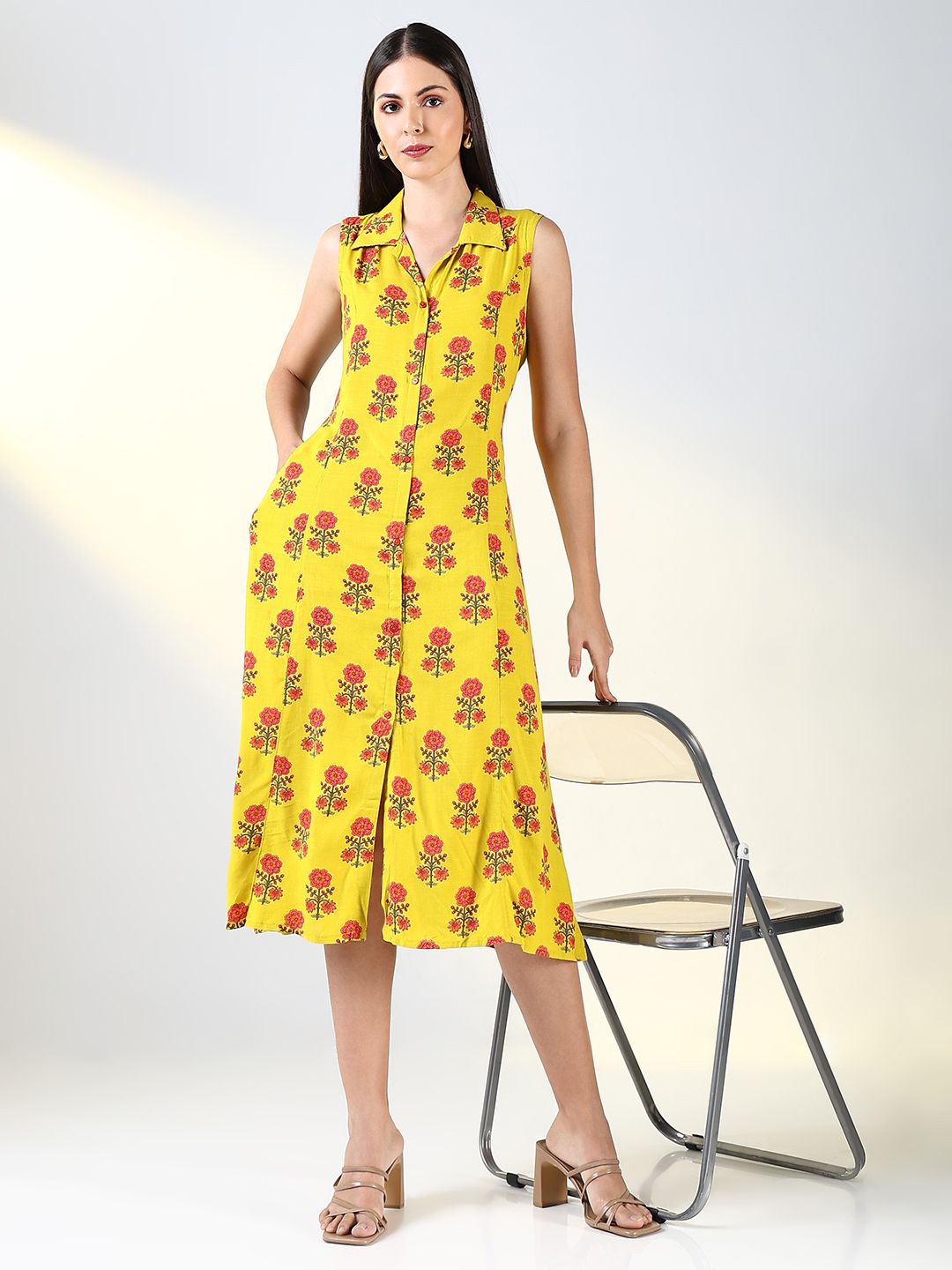 

SHOWOFF Women Cotton Floral Shirt Collar Printed Sleeveless A-Line Midi Dress, Yellow