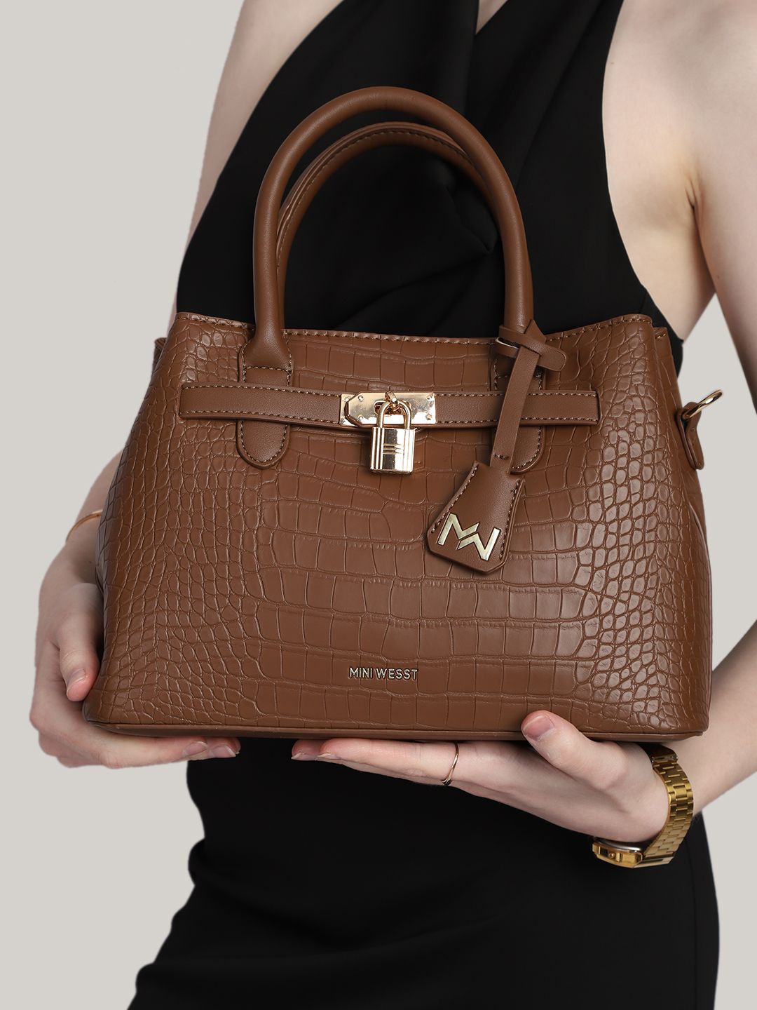 

MINI WESST Women Textured Structured Shoulder Bag, Brown