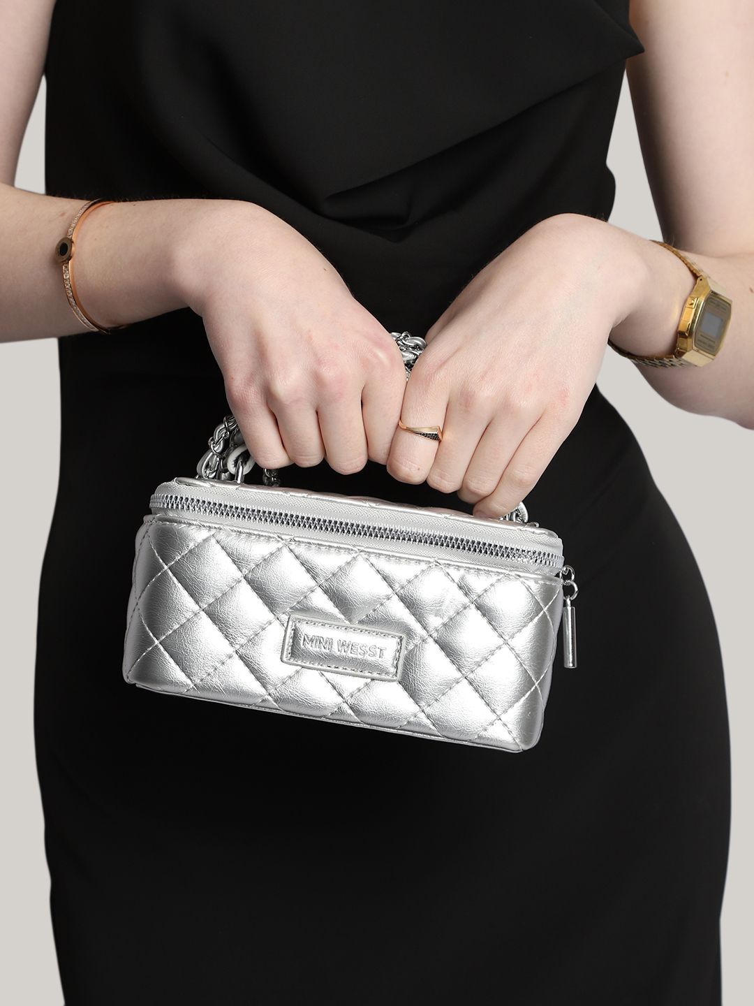 

MINI WESST Women Textured Structured Sling Bag, Silver