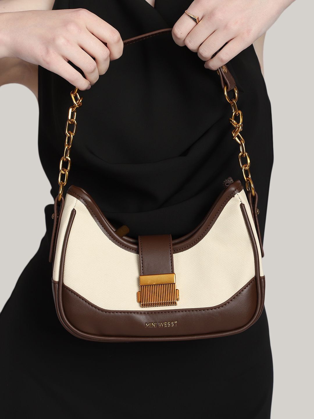 

MINI WESST Women Colourblocked Structured Handheld Bag, Beige