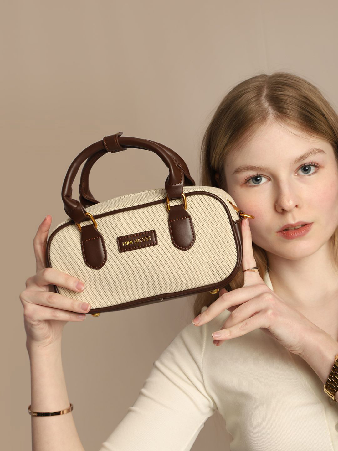 

MINI WESST Women Textured Structured Sling Bag, Beige