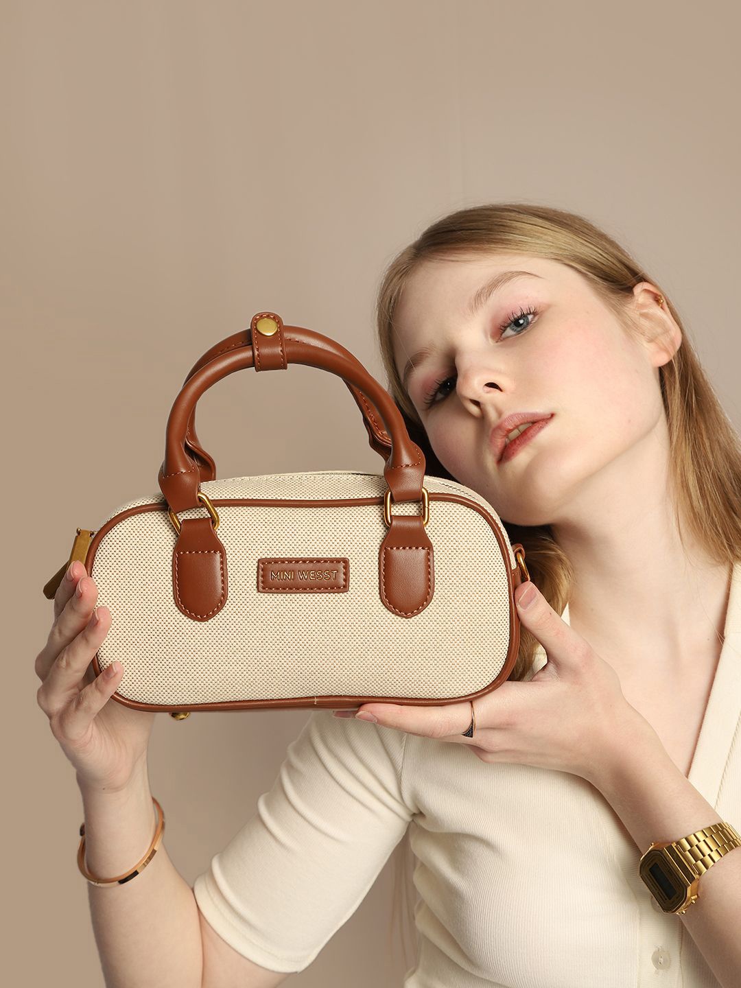 

MINI WESST Women Textured Structured Handheld Bag, Beige