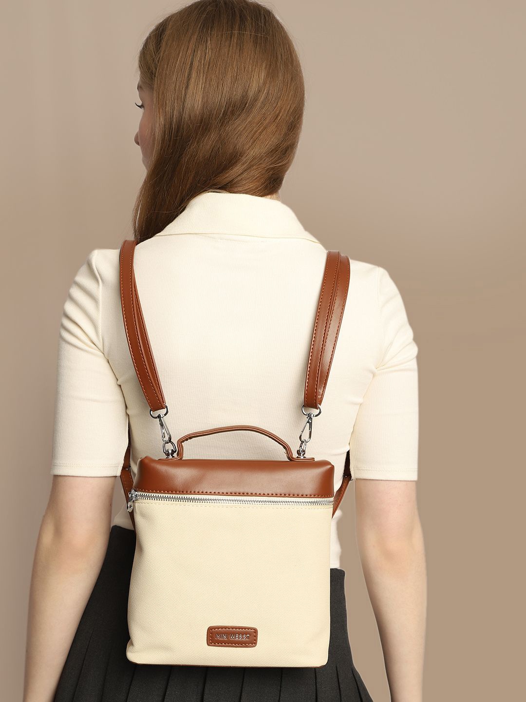 

MINI WESST Women Textured Structured Sling Bag, Beige