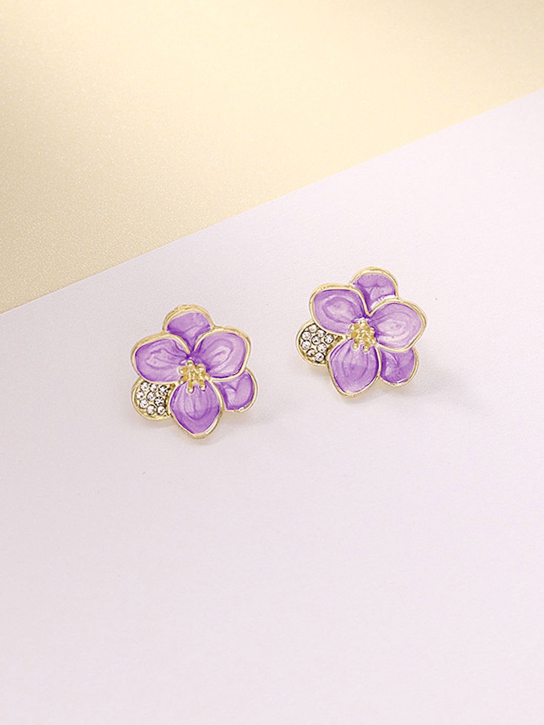 

Krelin Rhodium-Plated Stainless Steel Rhinestone New Drop Oil Camelia Floral Studs, Purple