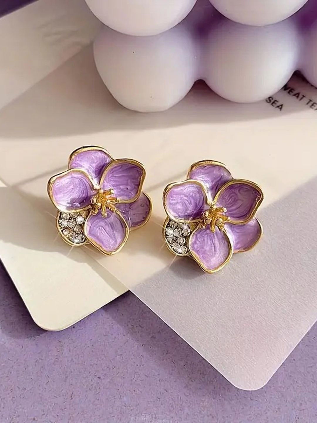 

Krelin Rhodium-Plated Stainless Steel Rhinestone New Drop Oil Camelia Floral Studs, Purple