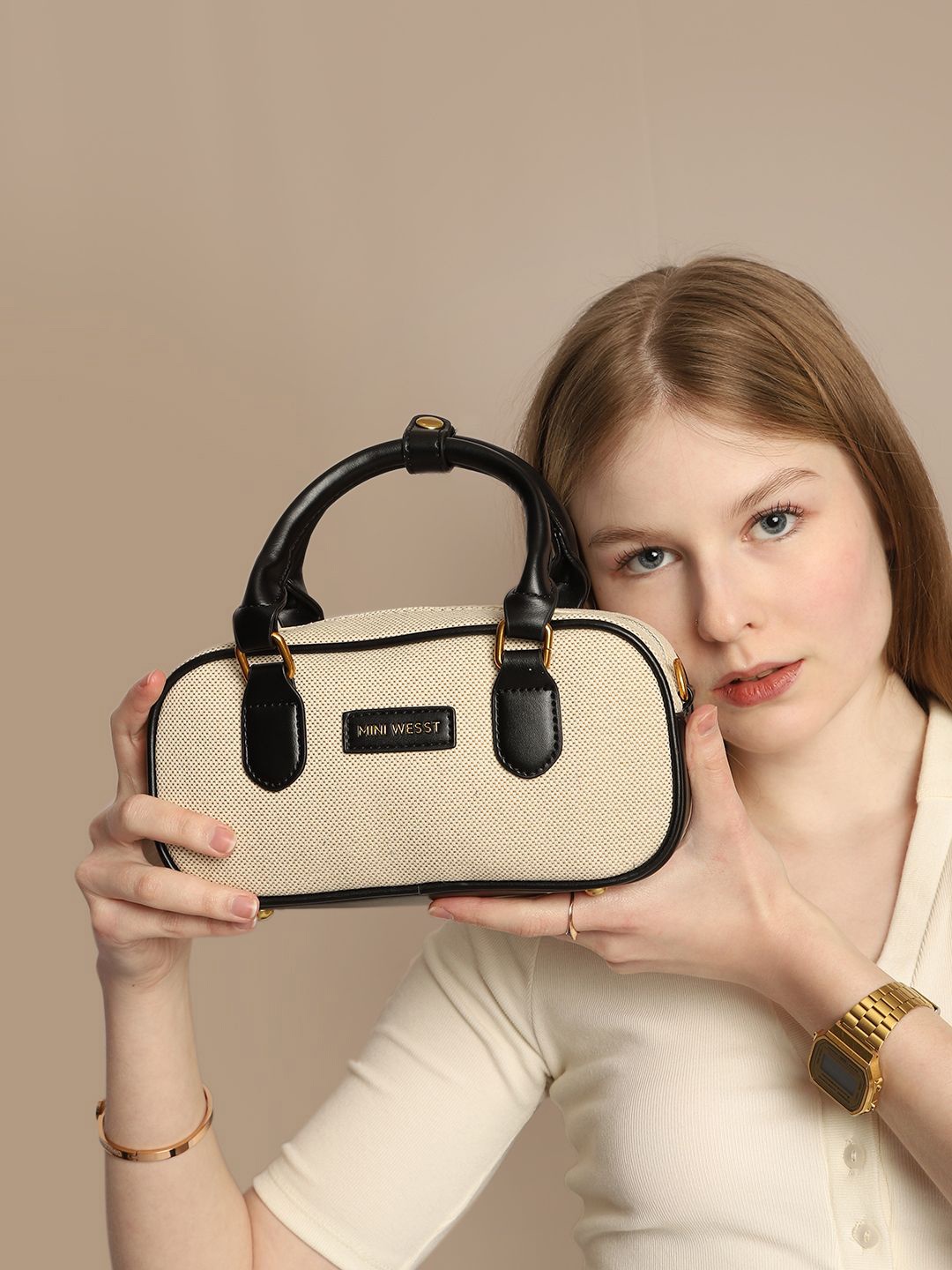 

MINI WESST Women Textured Structured Sling Bag, Beige