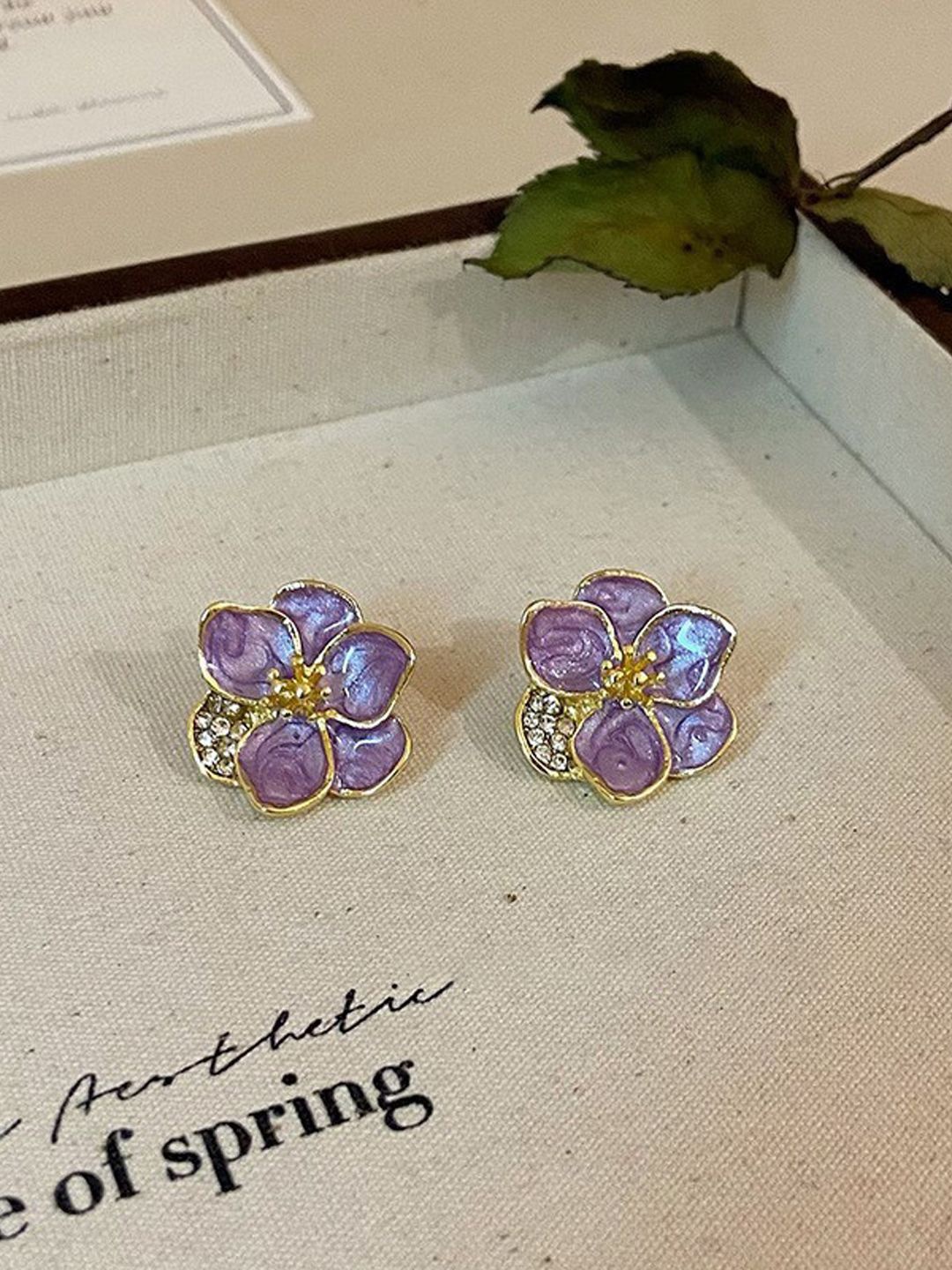 

Krelin Rhodium-Plated Stainless Steel Rhinestone New Drop Oil Camelia Floral Studs, Purple