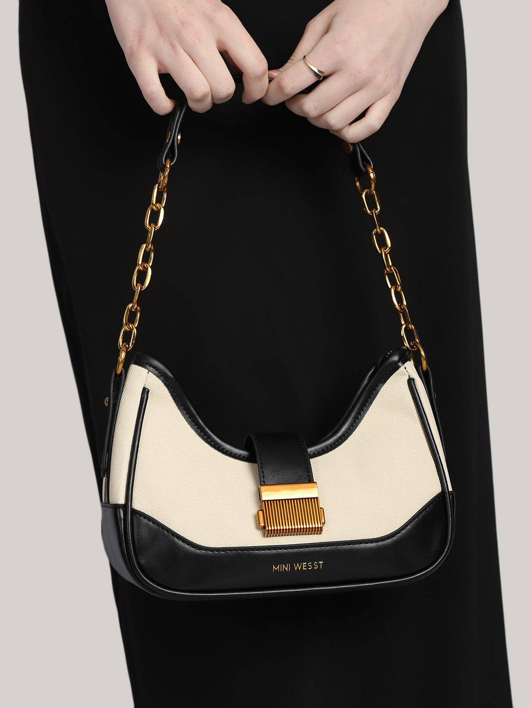 

MINI WESST Women Colourblocked Structured Handheld Bag, Beige
