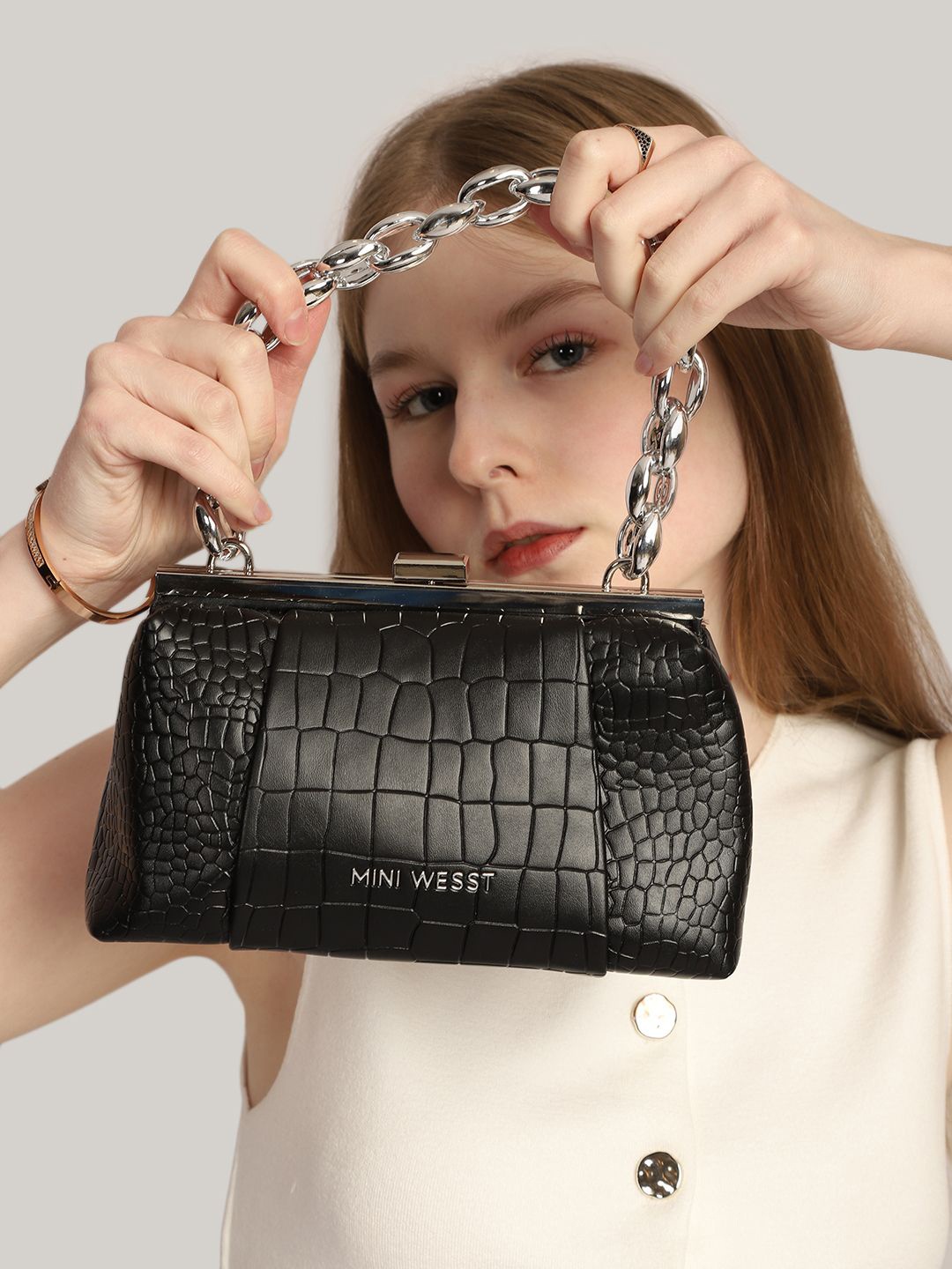 

MINI WESST Women Textured Structured Sling Bag, Black