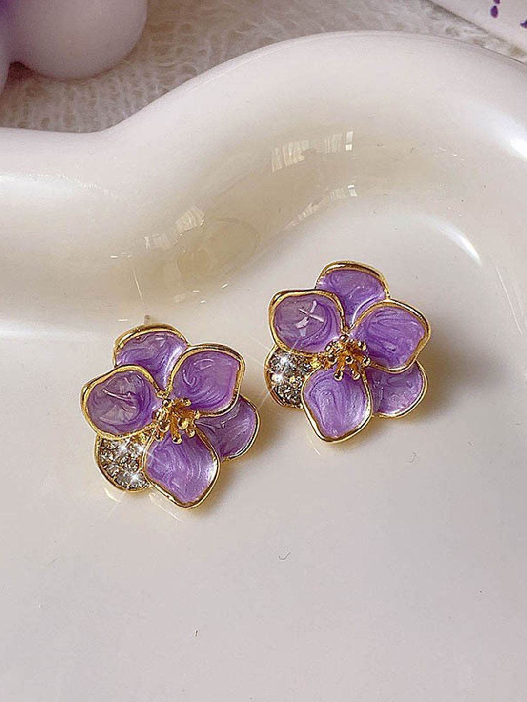 

KRENOZ Rhodium-Plated Stainless Steel Rhinestone New Drop Oil Camelia Floral Studs, Purple