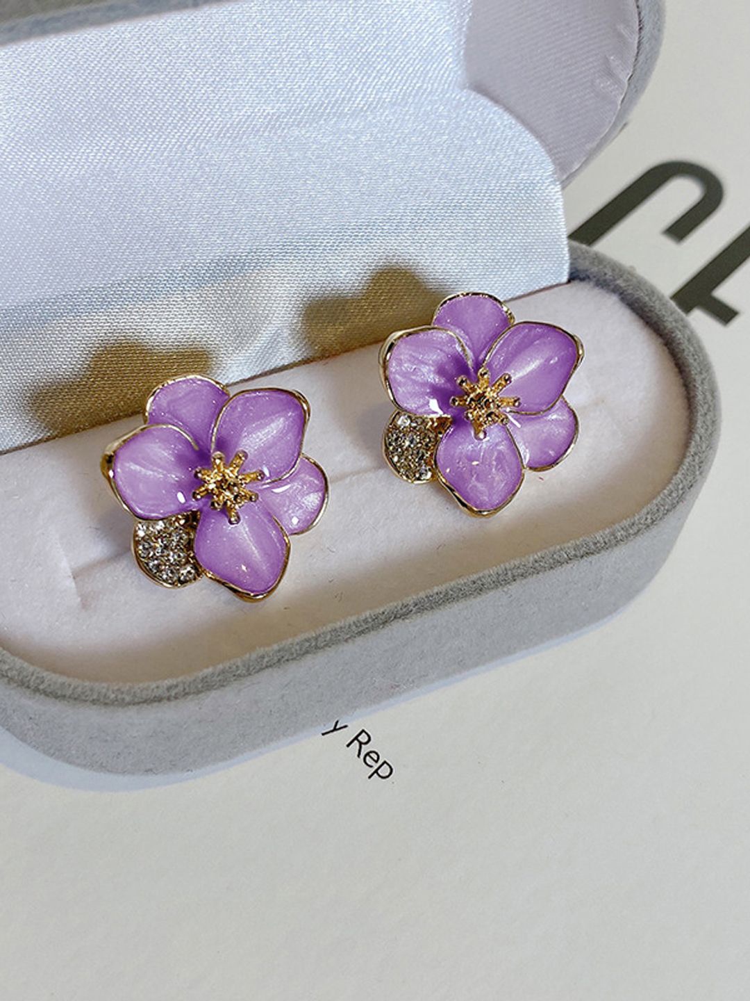 

KRENOZ Rhodium-Plated Stainless Steel Rhinestone New Drop Oil Camelia Floral Studs, Purple