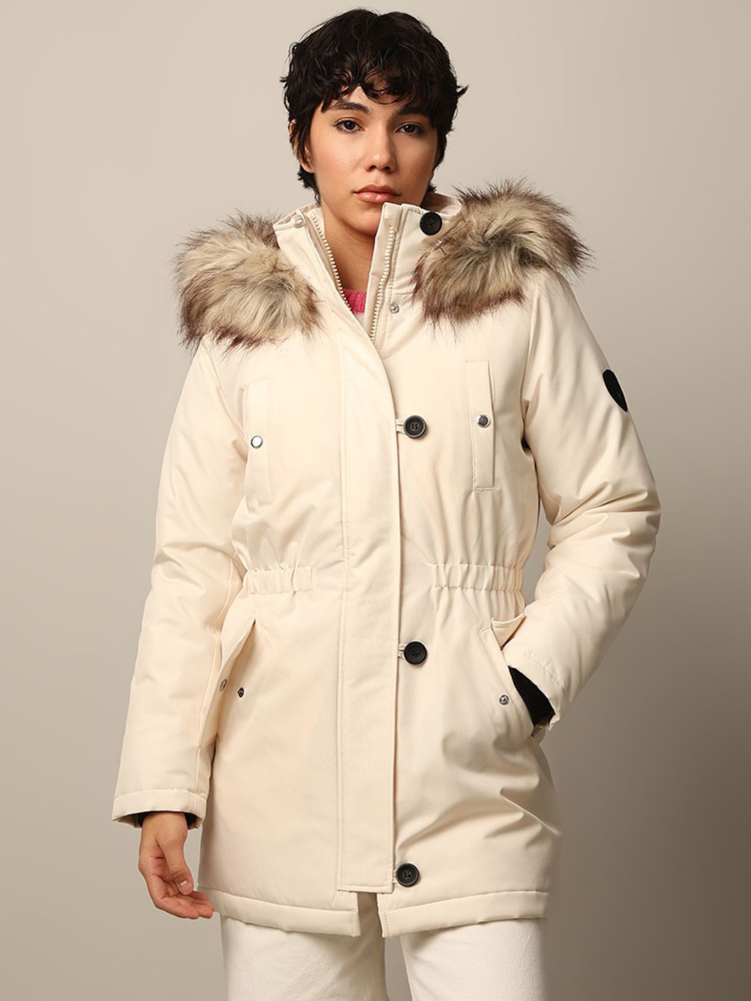 

ONLY Women Hooded Solid Casual Parka Jacket, Cream
