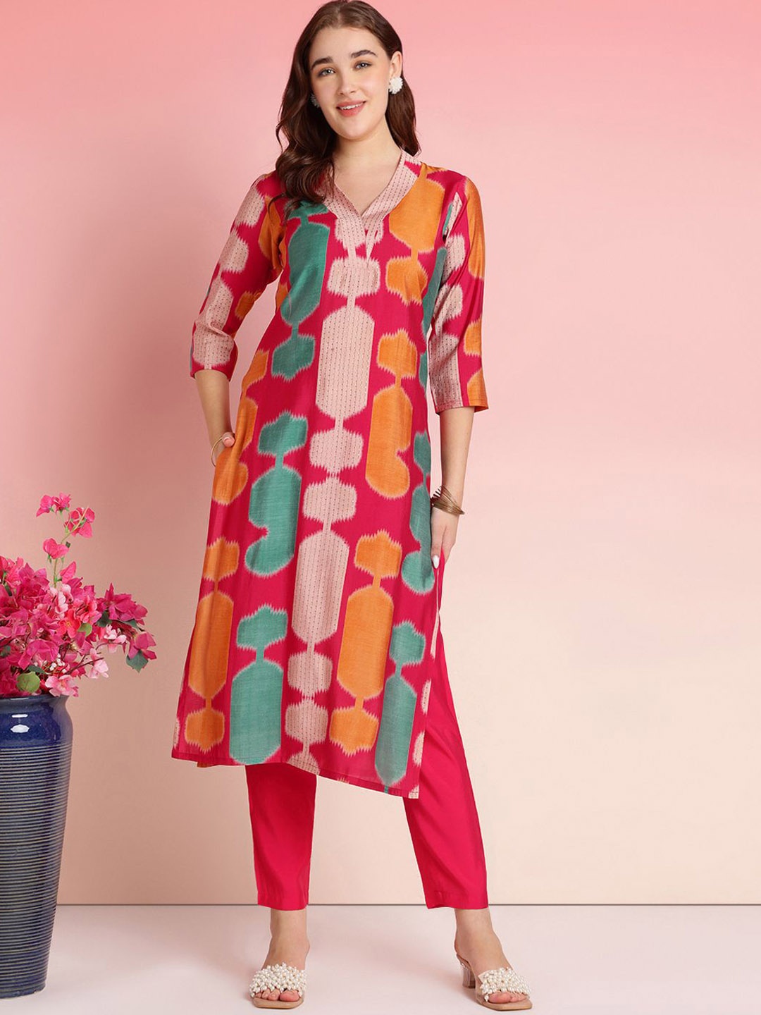 

Anni Designer V-Neck Abstract Printed Straight Kurta With Trouser, Pink