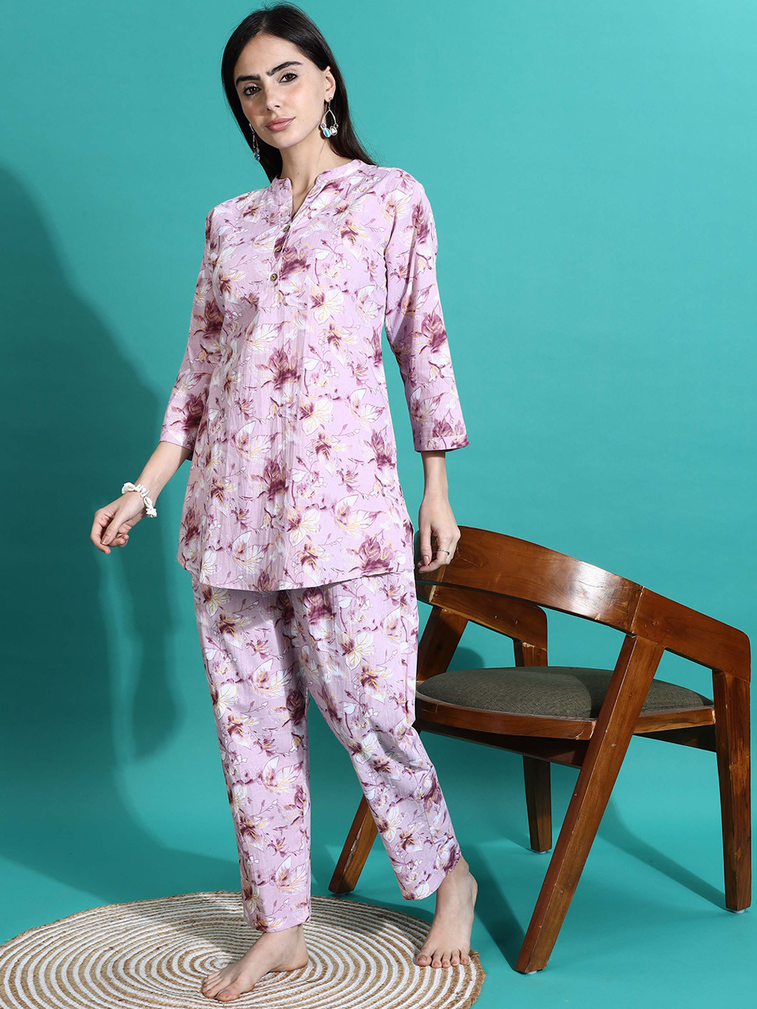 

9shines Label Floral Printed Mandarin Collar Pure Cotton Night suits, Mauve