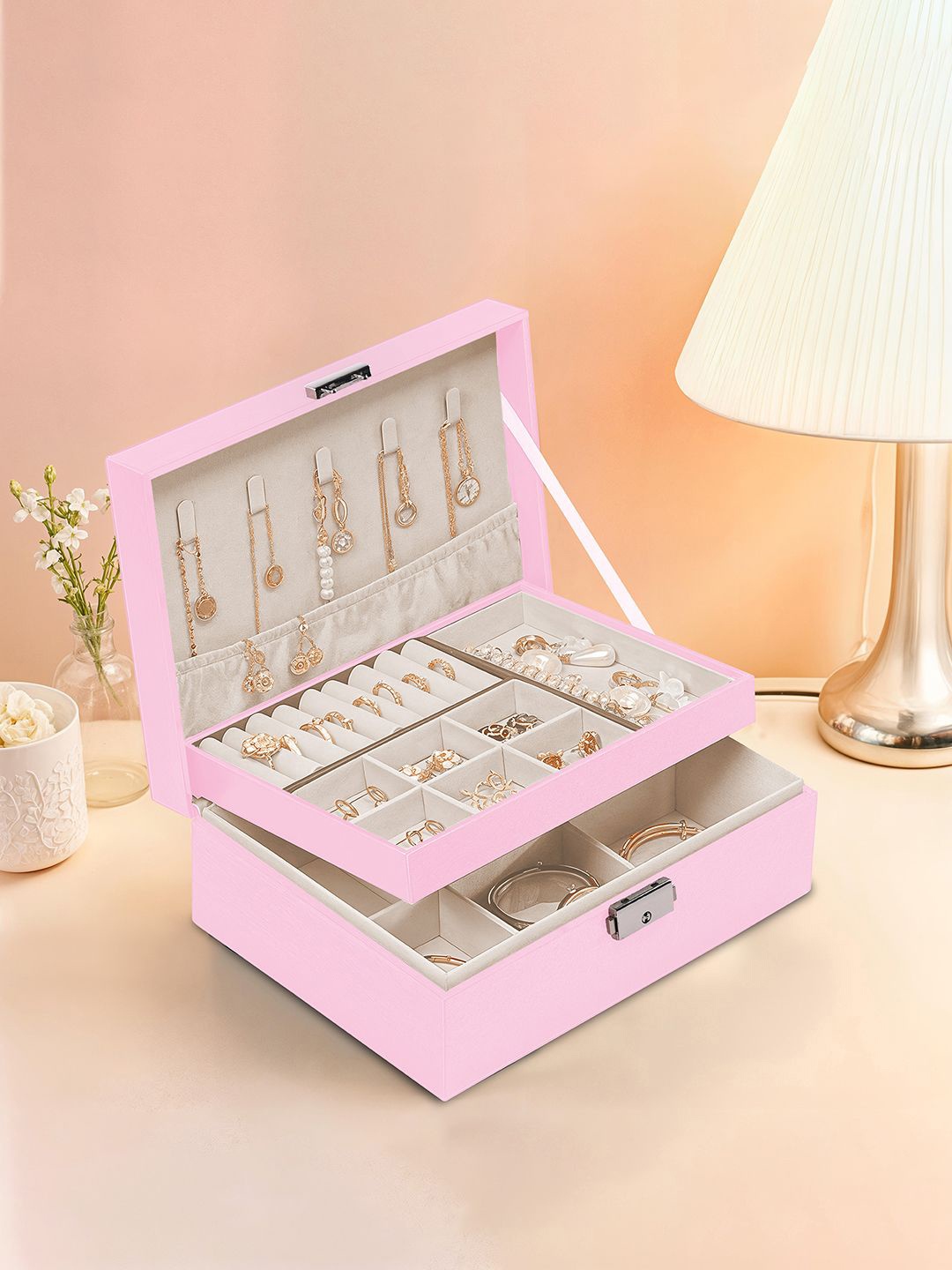 

Kuber Industries Pink & White Multi-Compartment Jewellery Box Organiser