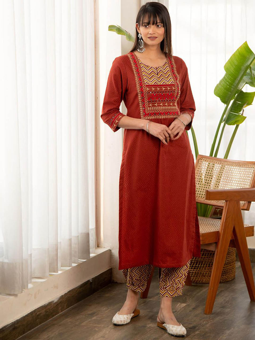 

Ekohum Chevron Printed Mirror Work Pure Cotton Straight Kurta With Salwar, Rust