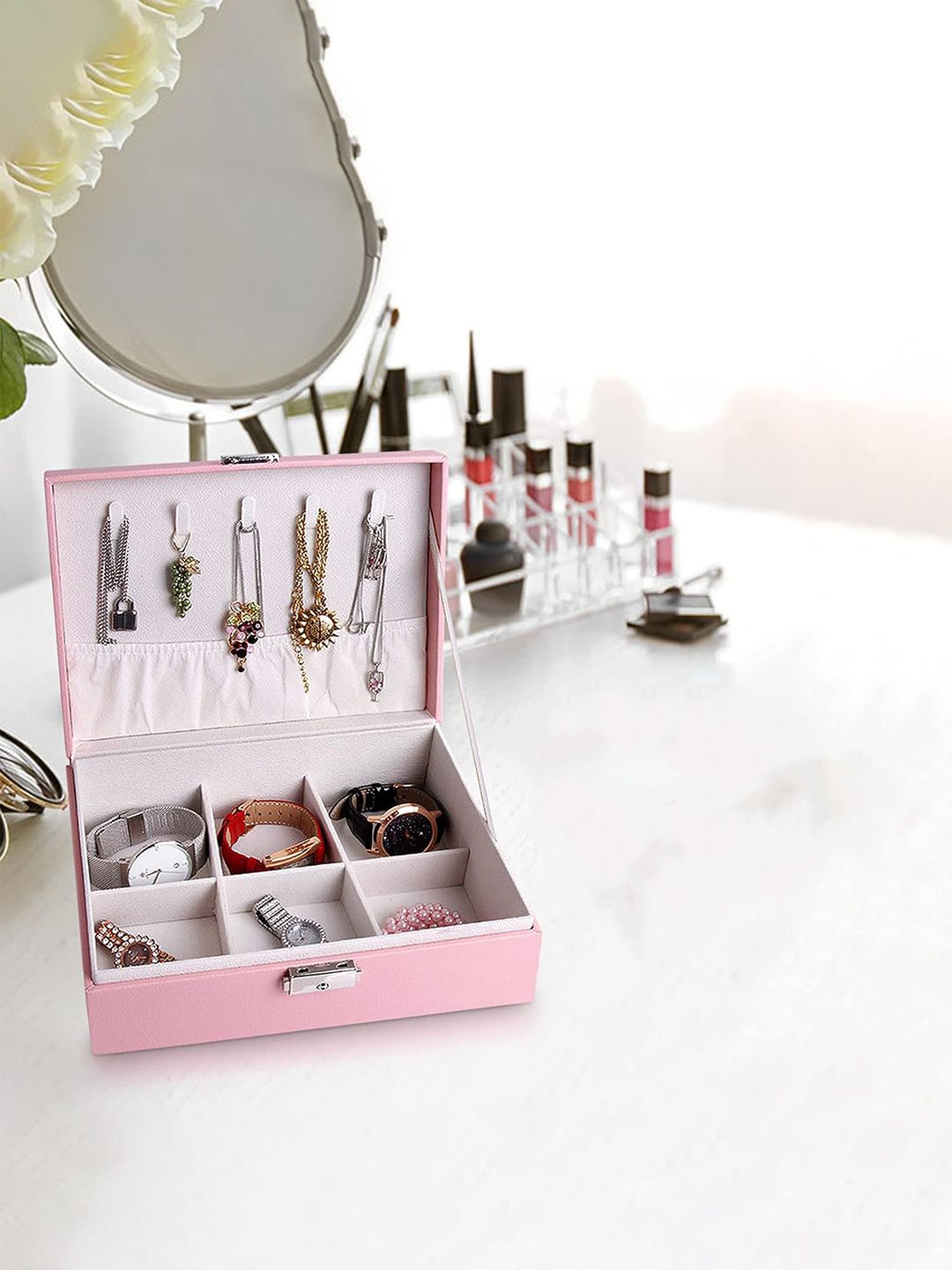 

Kuber Industries Pink 5 Pieces Multi-Compartment Jewellery Box Organisers