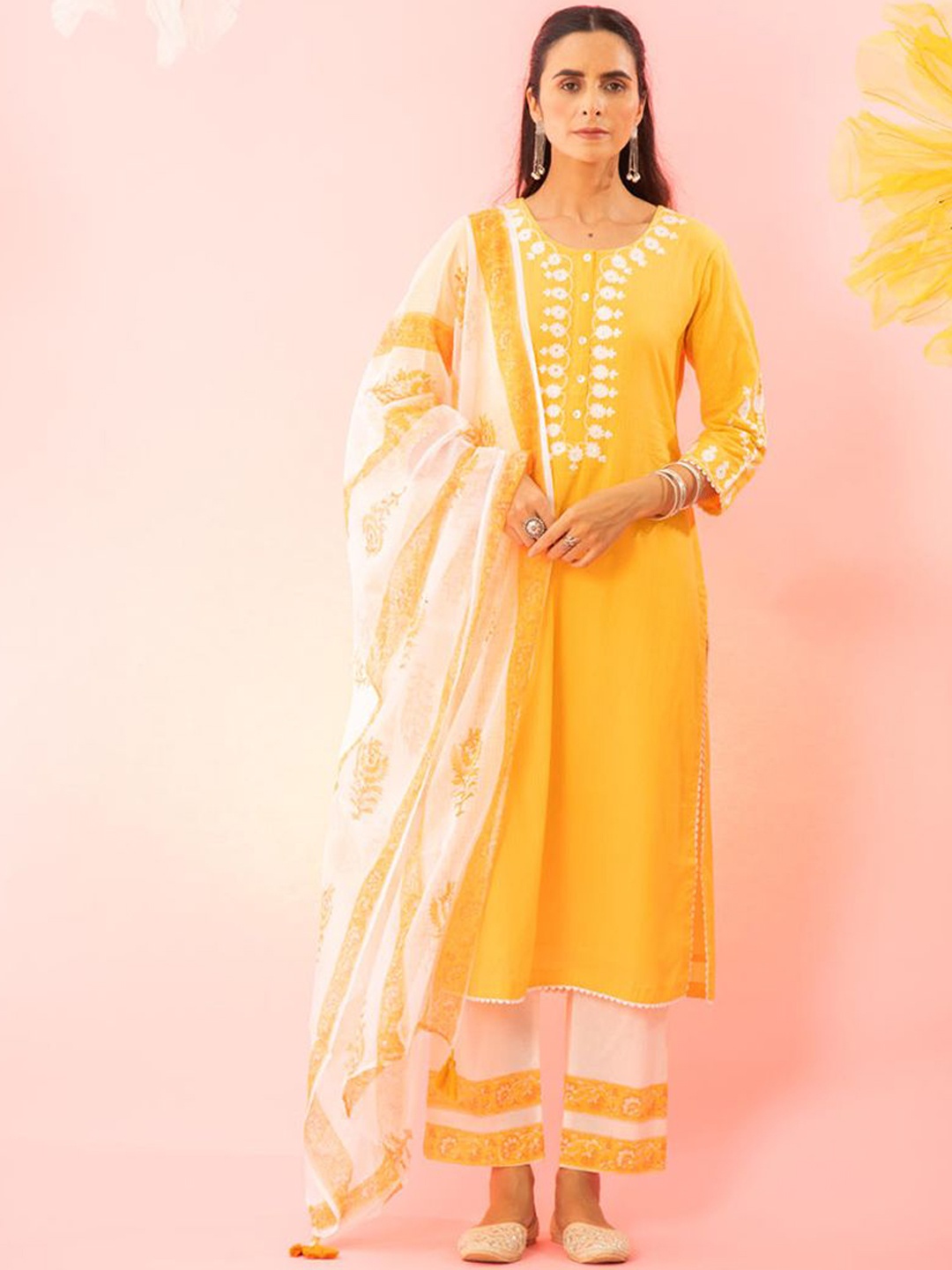 

Ekohum Floral Embroidered Gotta Patti Pure Cotton Kurta With Trousers & Dupatta, Yellow