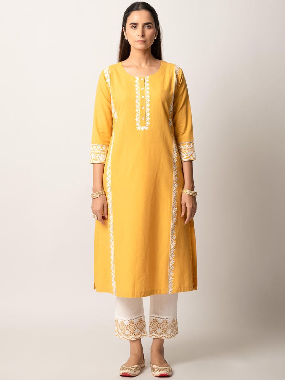 

Ekohum Floral Embroidered Pure Cotton Straight Kurta With Trousers, Mustard