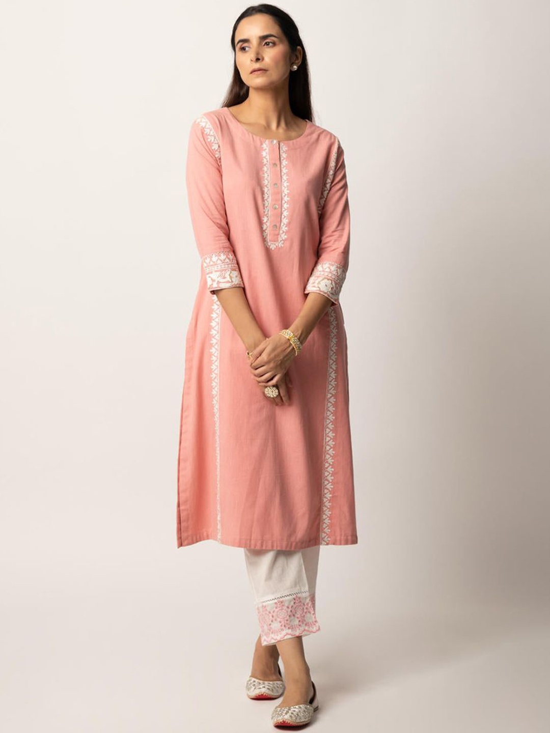 

Ekohum Floral Embroidered Thread Work Pure Cotton Kurta with Trousers, Peach