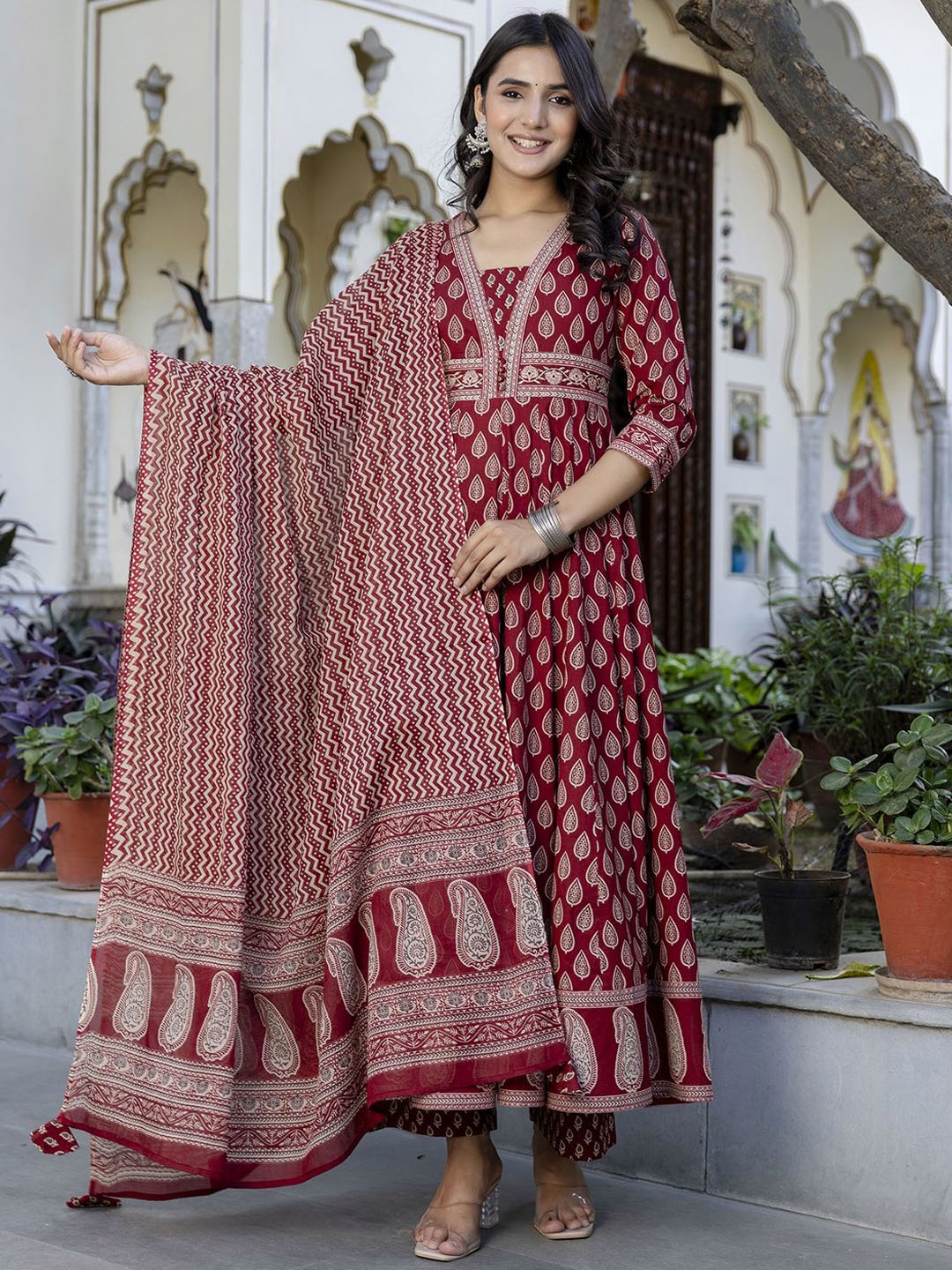 

GULMOHAR JAIPUR Ethnic Motifs Printed Pure Cotton Kurta with Palazzos & Dupatta, Maroon