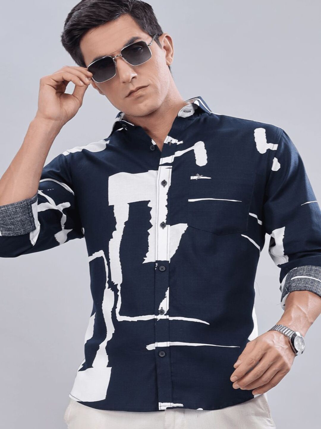 

Blueisland Clothing Men Pack Of 2 Collar Abstract Printed Cotton Casual Shirts, Navy blue
