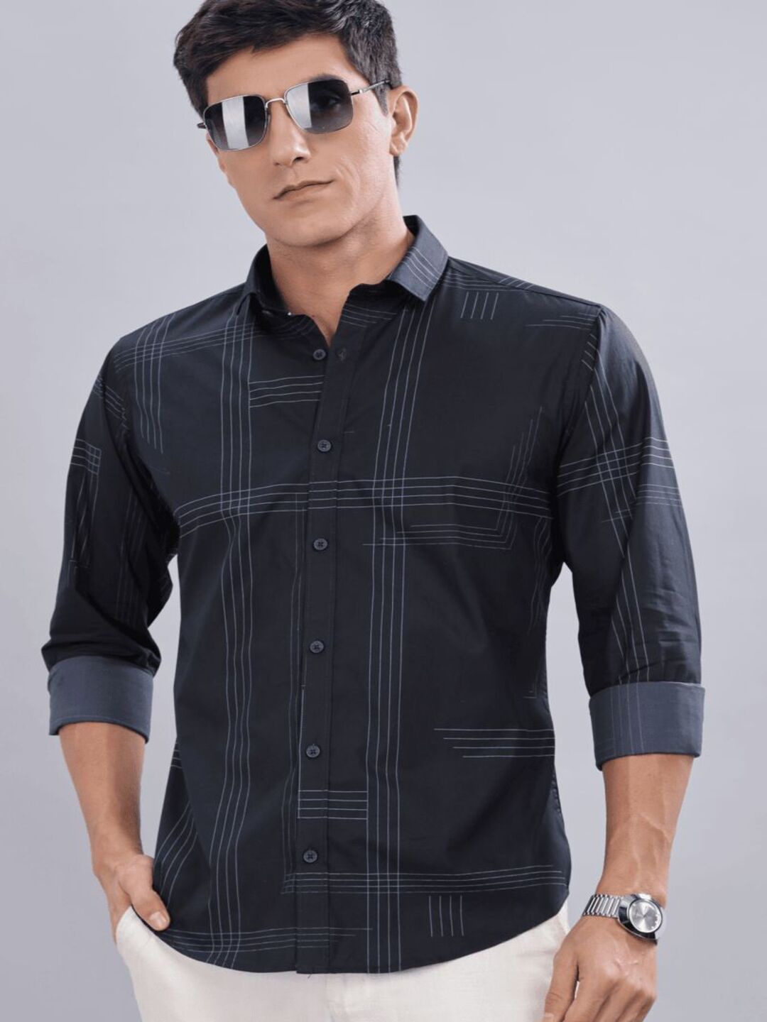 

Blueisland Clothing Men Pack Of 2 Collar Multi Striped Cotton Casual Shirts, Black