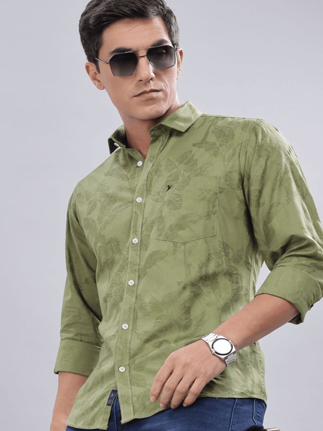 

Blueisland Clothing Men Pack Of 2 Collar Floral Printed Cotton Casual Shirts, Green