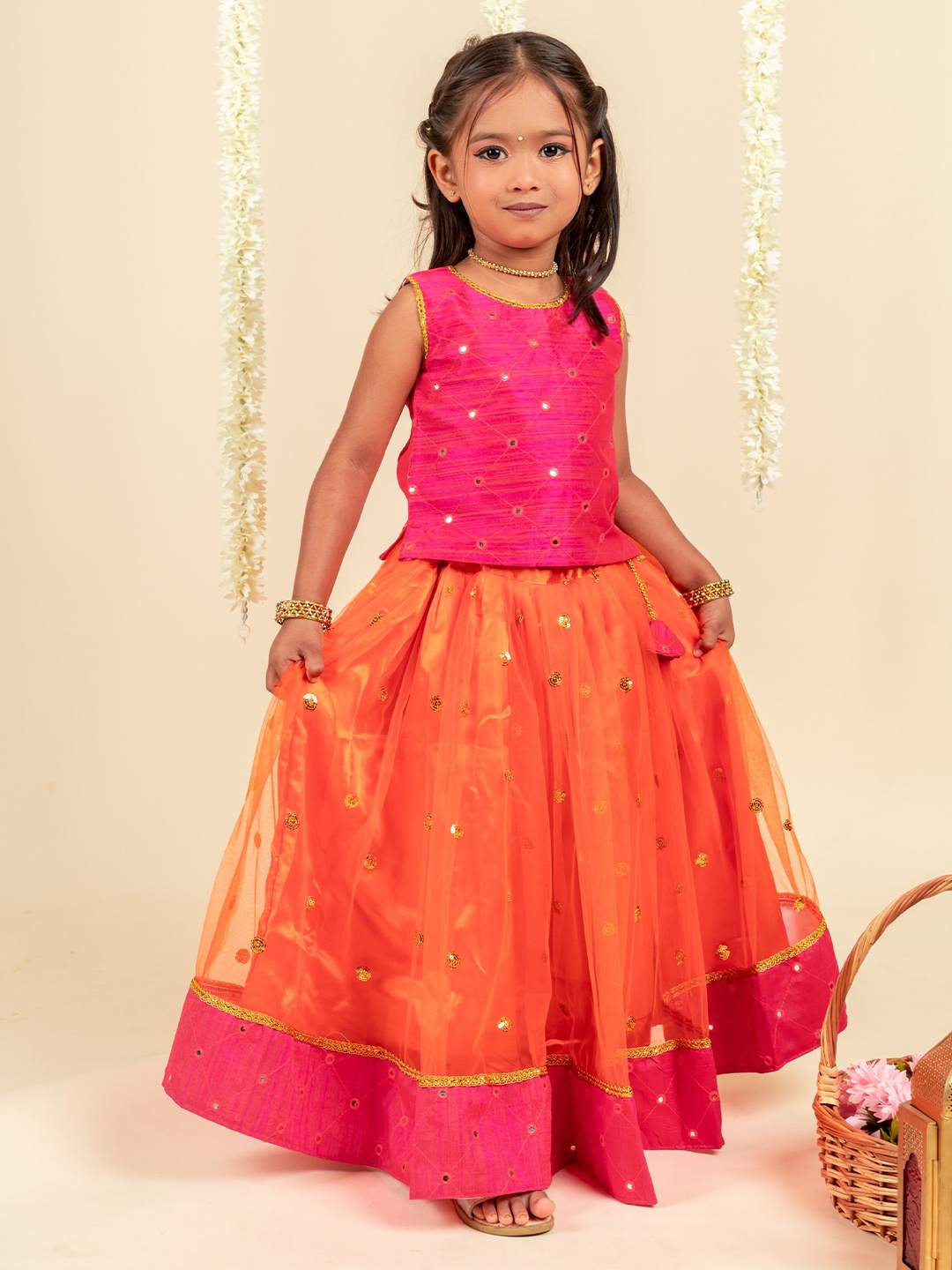 

STANWELLS KIDS Girls Embroidered Ready to Wear Lehenga Choli, Orange