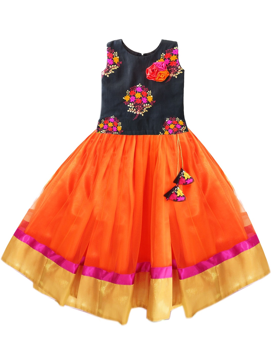 

STANWELLS KIDS Girls Embroidered Thread Work Ready to Wear Lehenga & Blouse, Orange