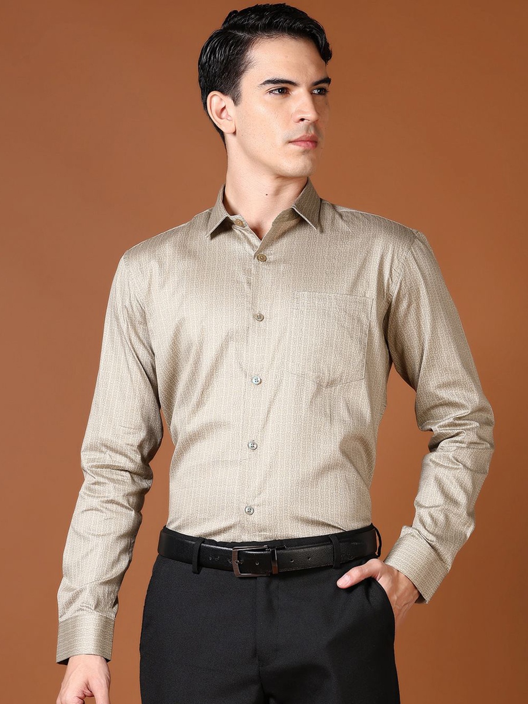 

J White by Vmart Men Spread Collar Micro Ditsy Printed Satin Formal Shirt, Beige
